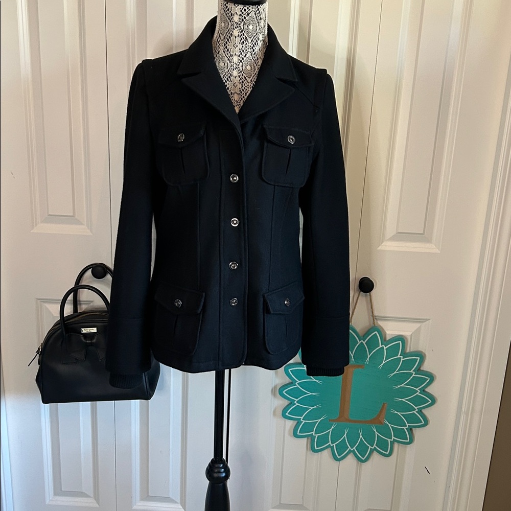 Zara Black Wool Blend Military Style Jacket Size M with snap front